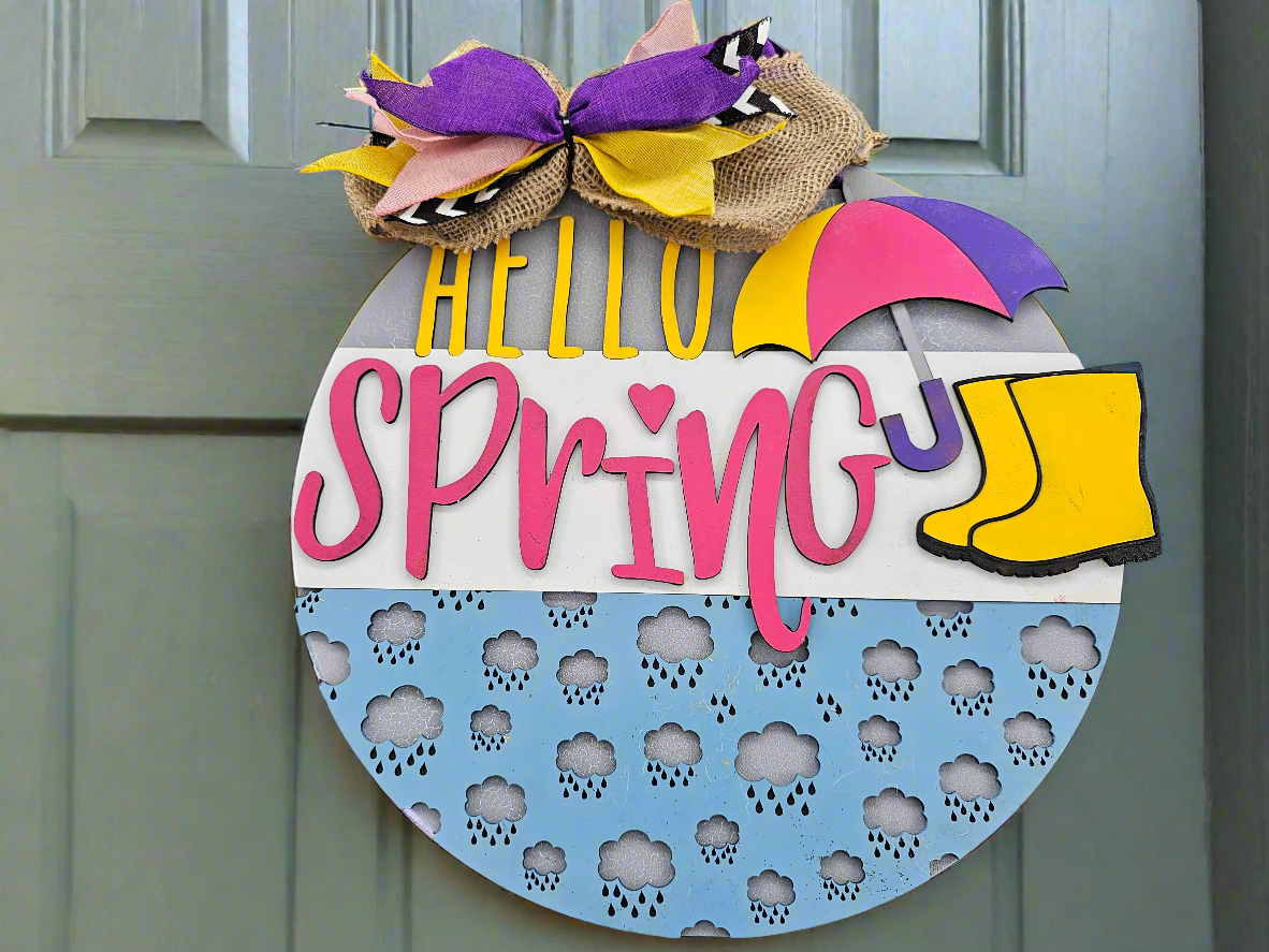 Hello Spring, Rain - Themed Decorative Door Round